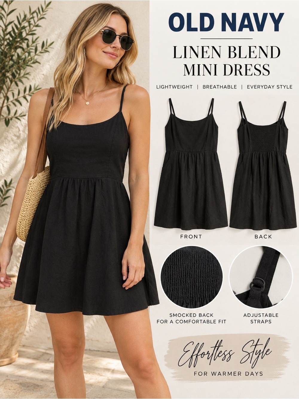 Old Navy Black Linen Blend Fit & Flare Mini Dress Size L Smocked Back